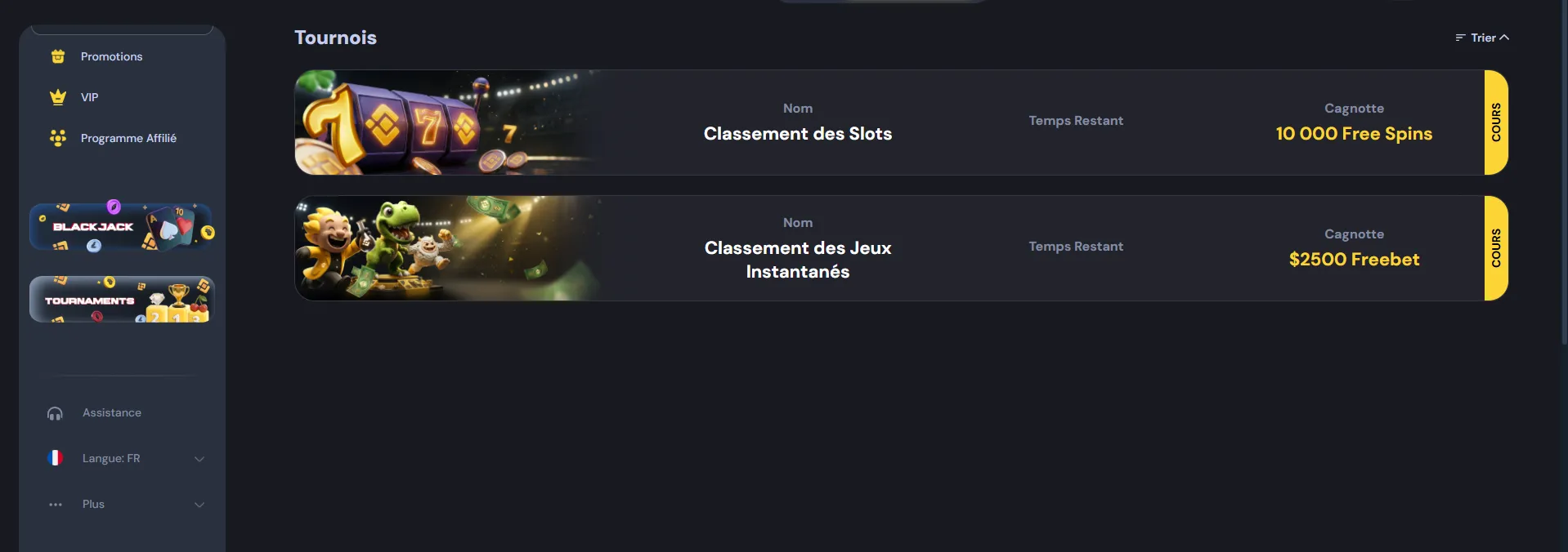 Classements et tournois hebdomadaires Cocobet